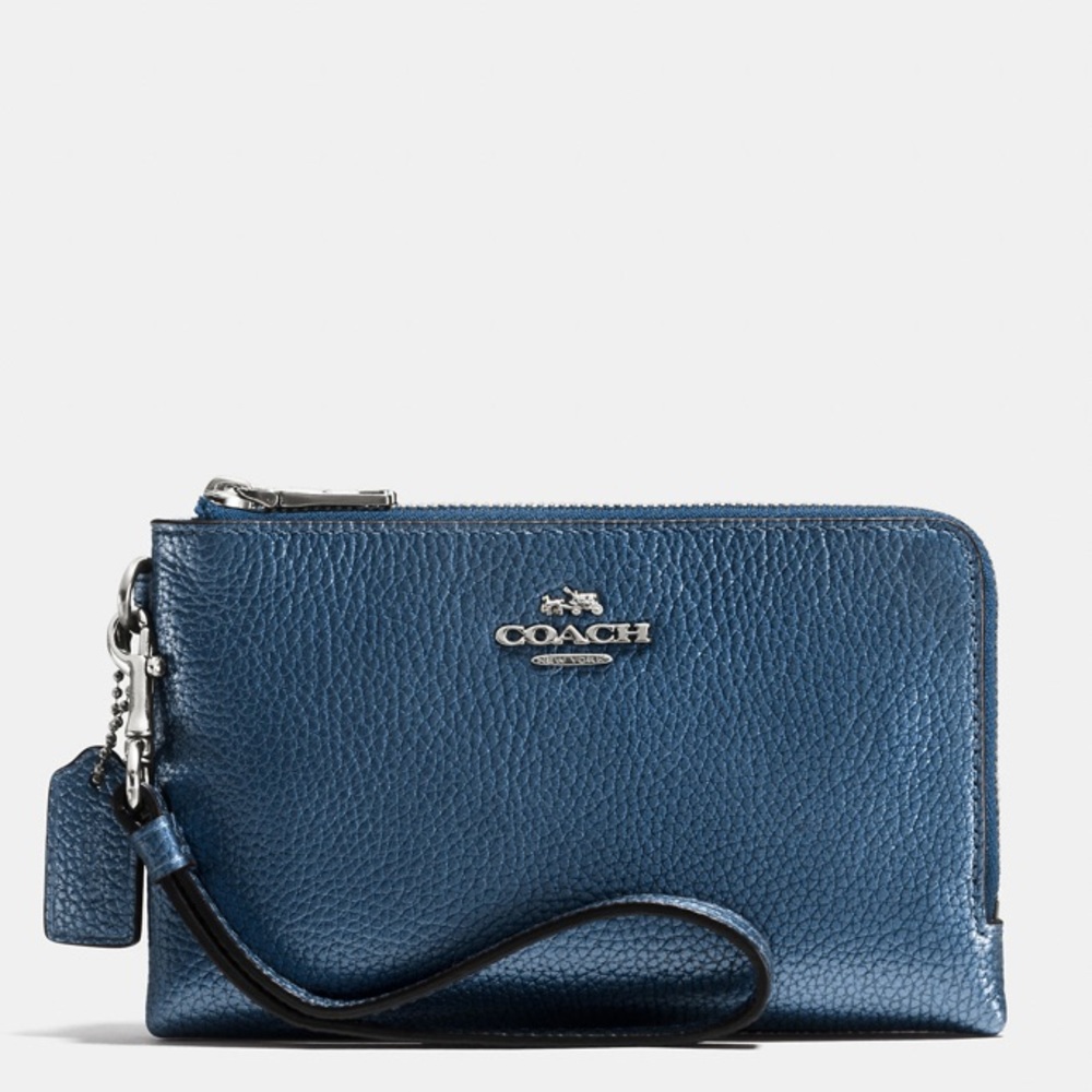 COACH double corner zip wristlet in metallic blue